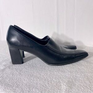 Franco Sarto Black Leather Square Toe Chunky Heels 9.5